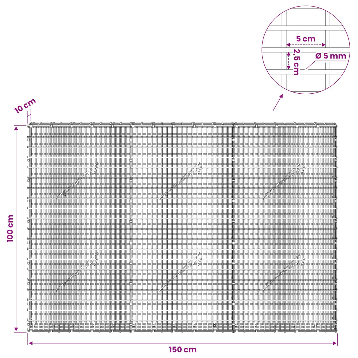 Gabion with 5 mm Wire and 5x2.5 cm Mesh 150x10x100 cm