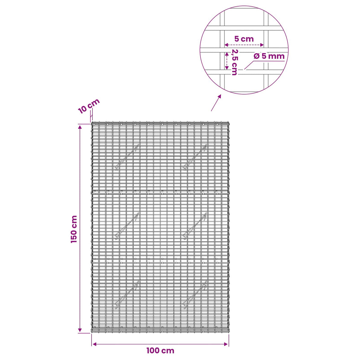 Gabion with 5 mm Wire and 5x2.5 cm Mesh 100x10x150 cm