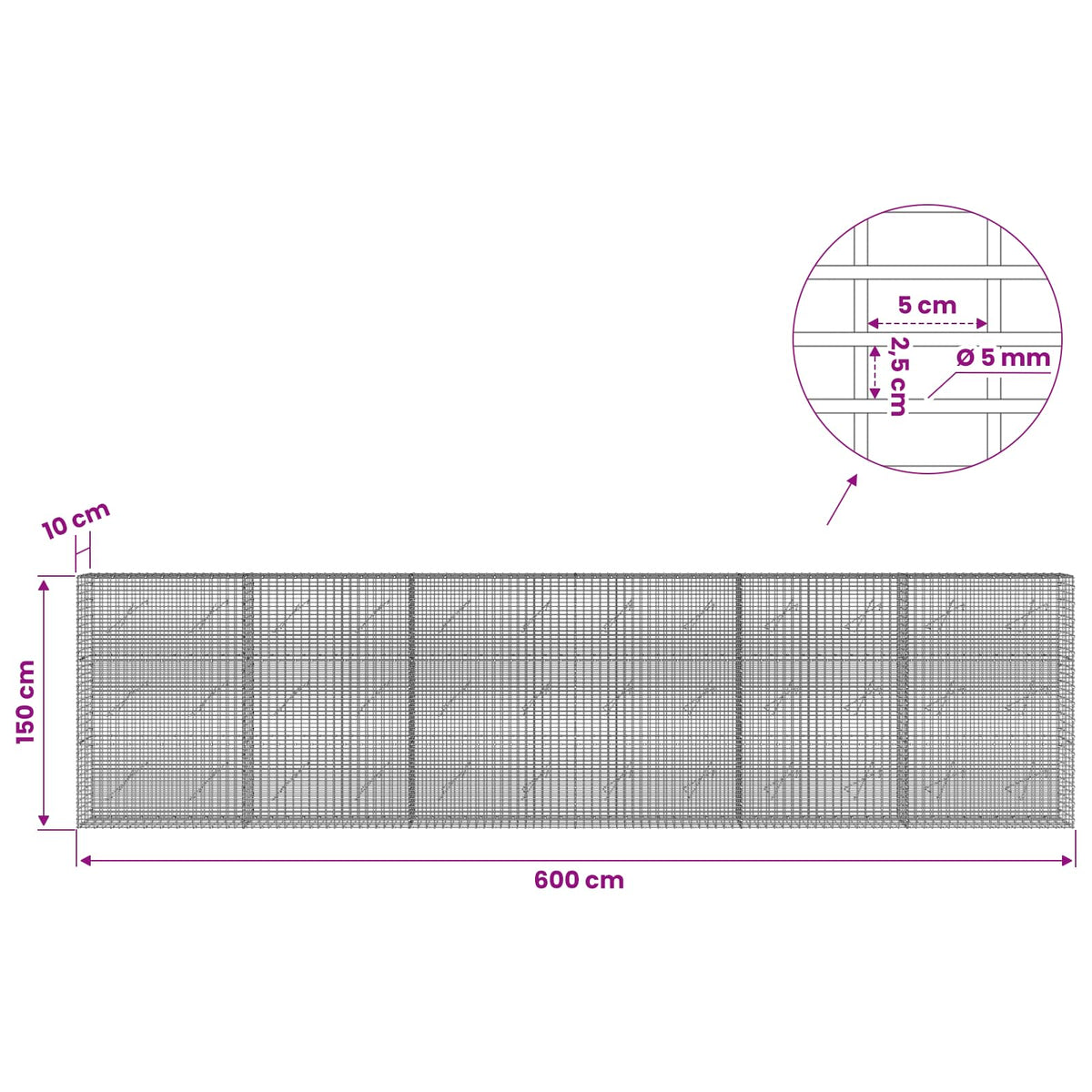 Gabion with 5 mm Wire and 5x2.5 cm Mesh 600x10x150 cm