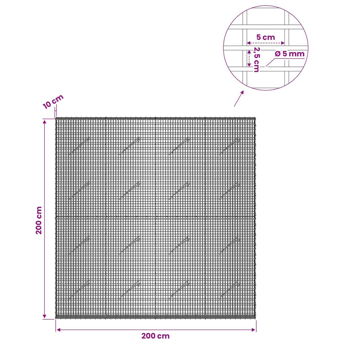Gabion with 5 mm Wire and 5x2.5 cm Mesh 200x10x200 cm