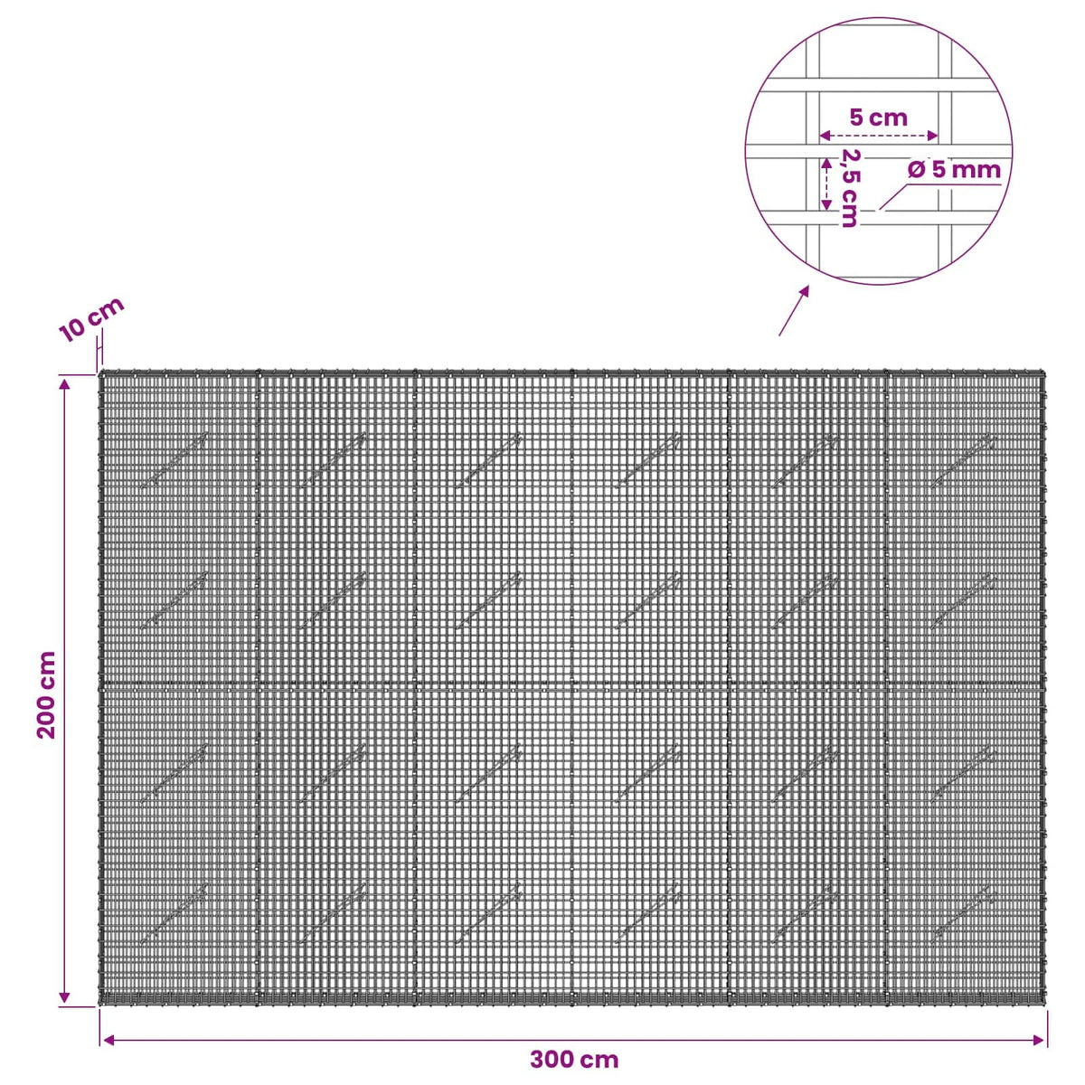 Gabion with 5 mm Wire and 5x2.5 cm Mesh 300x10x200 cm