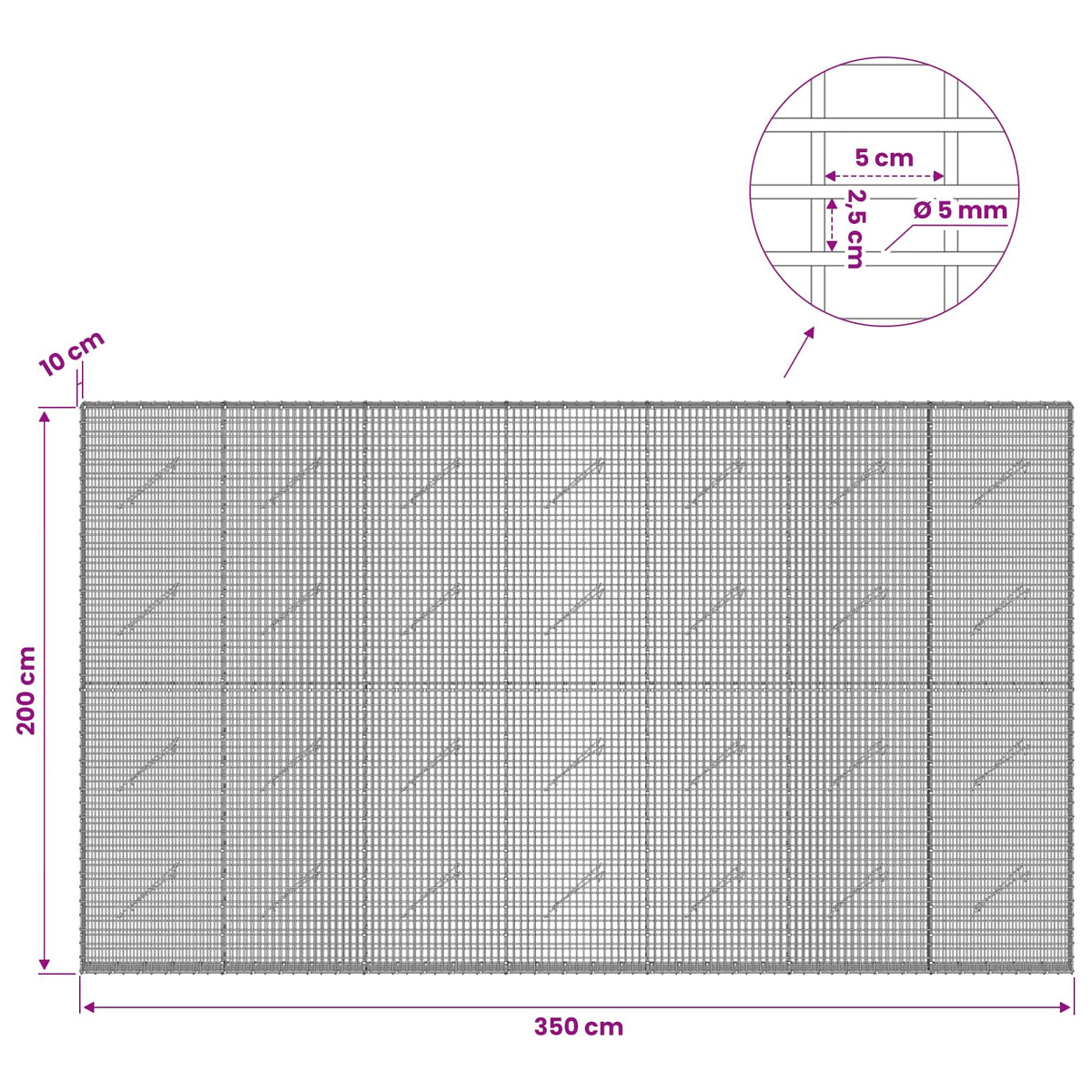 Gabion with 5 mm Wire and 5x2.5 cm Mesh 350x10x200 cm