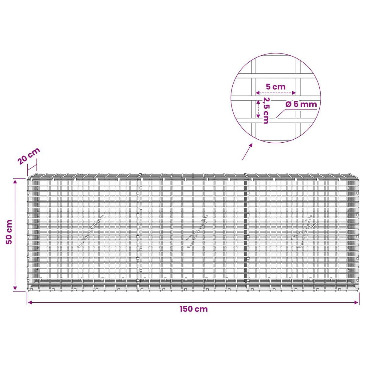 Gabion with 5 mm Wire and 5x2.5 cm Mesh 150x20x50 cm