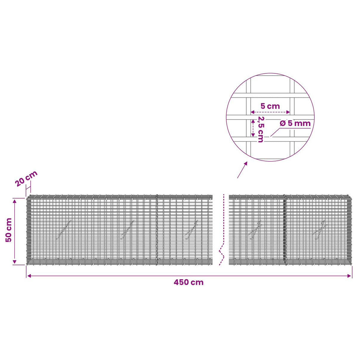 Gabion with 5 mm Wire and 5x2.5 cm Mesh 450x20x50 cm