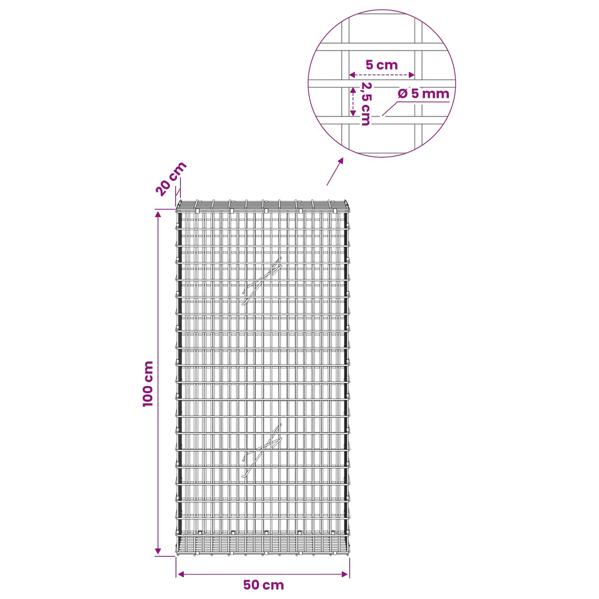 Gabion with 5 mm Wire and 5x2.5 cm Mesh 50x20x100 cm