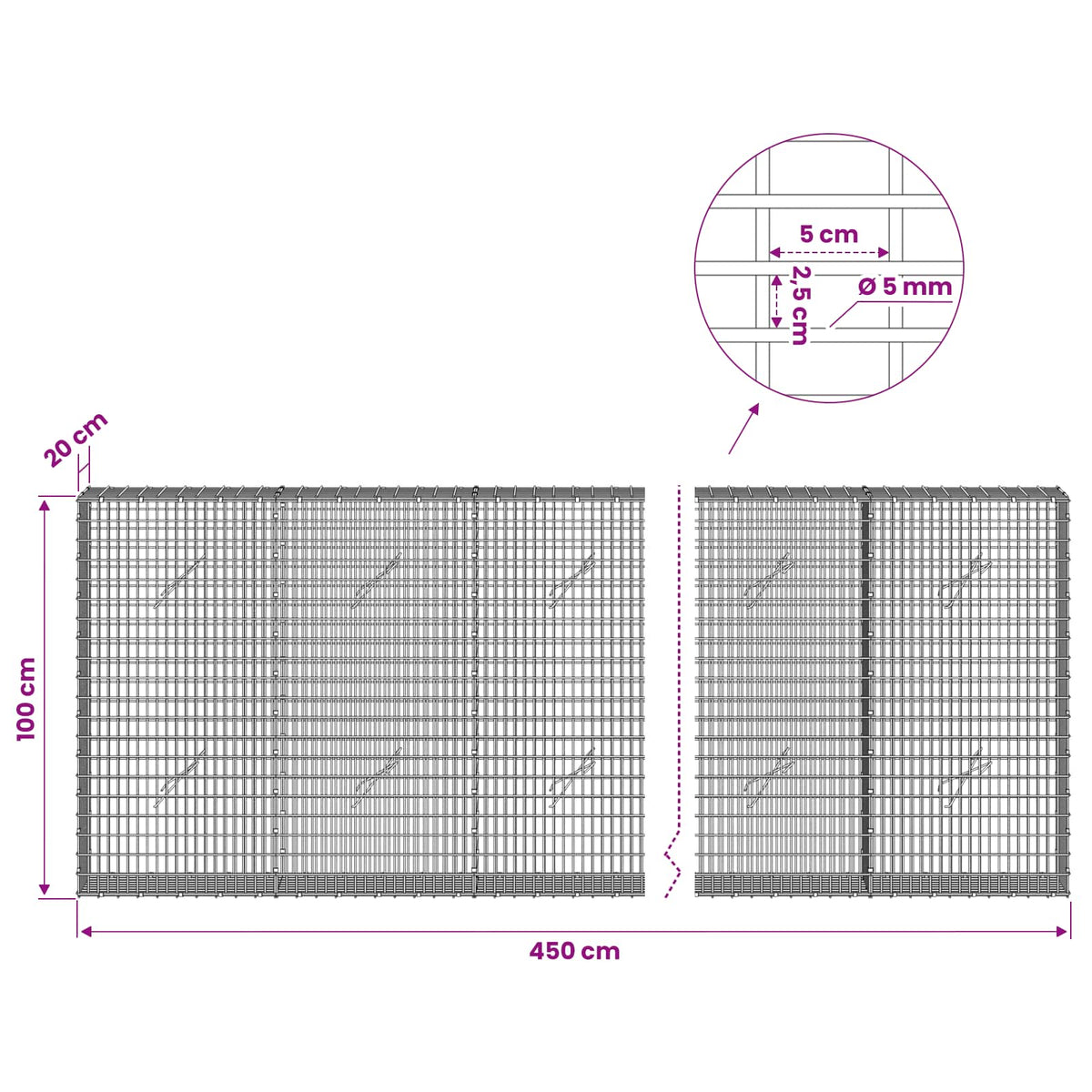 Gabion with 5 mm Wire and 5x2.5 cm Mesh 450x20x100 cm