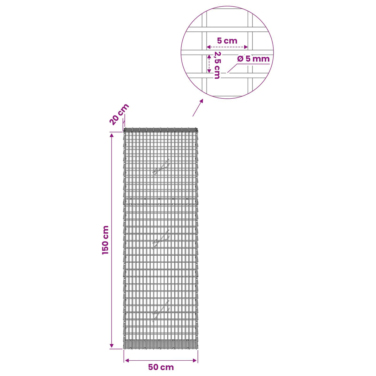 Gabion with 5 mm Wire and 5x2.5 cm Mesh 50x20x150 cm