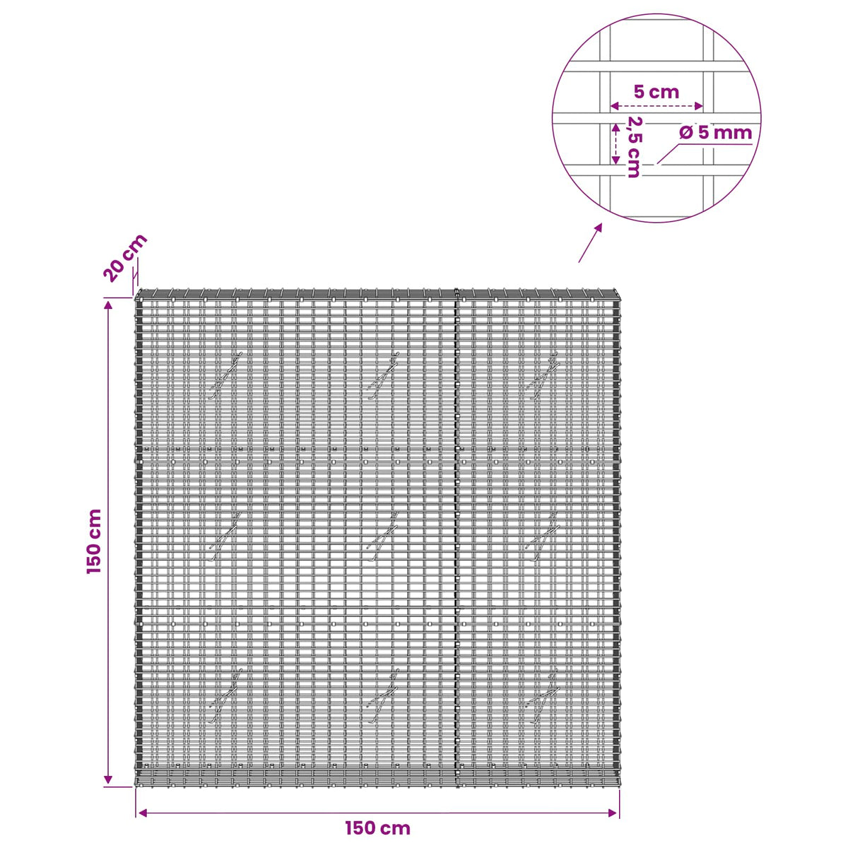 Gabion with 5 mm Wire and 5x2.5 cm Mesh 150x20x150 cm