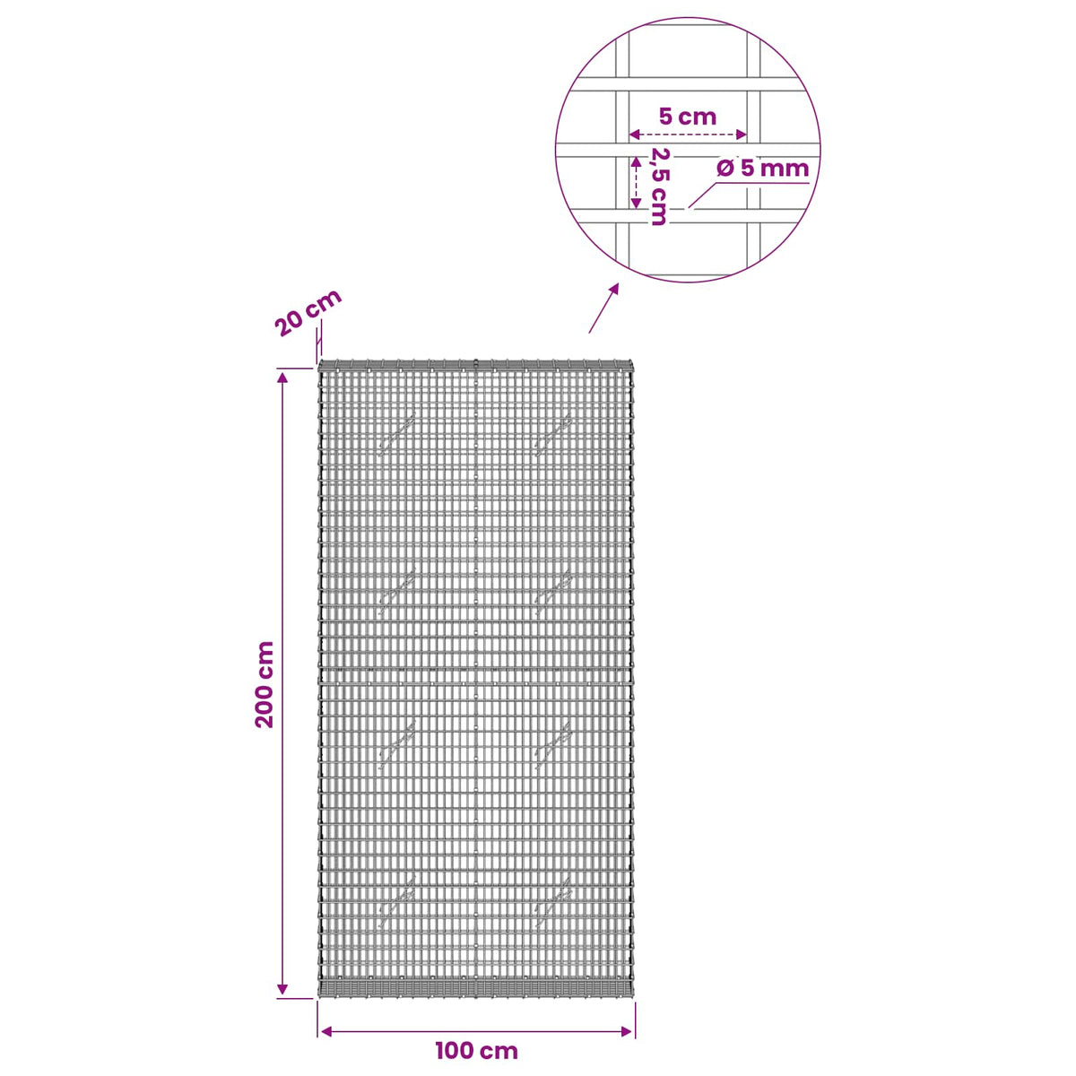 Gabion with 5 mm Wire and 5x2.5 cm Mesh 100x20x200 cm