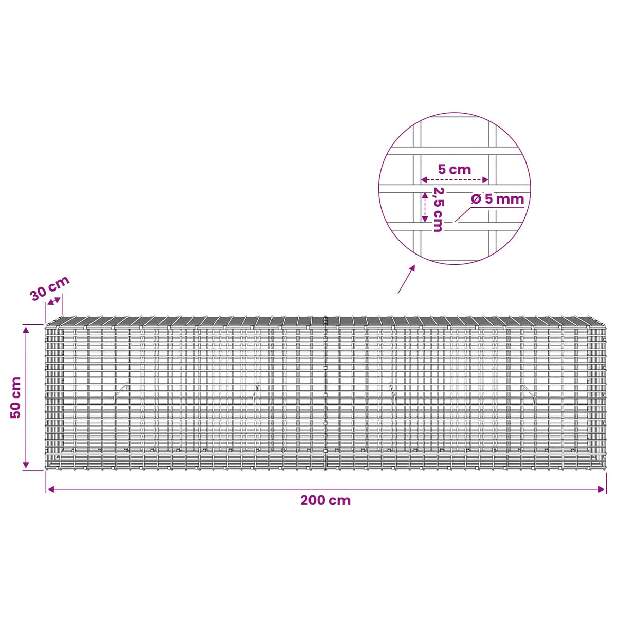 Gabion with 5 mm Wire and 5x2.5 cm Mesh 200x30x50 cm