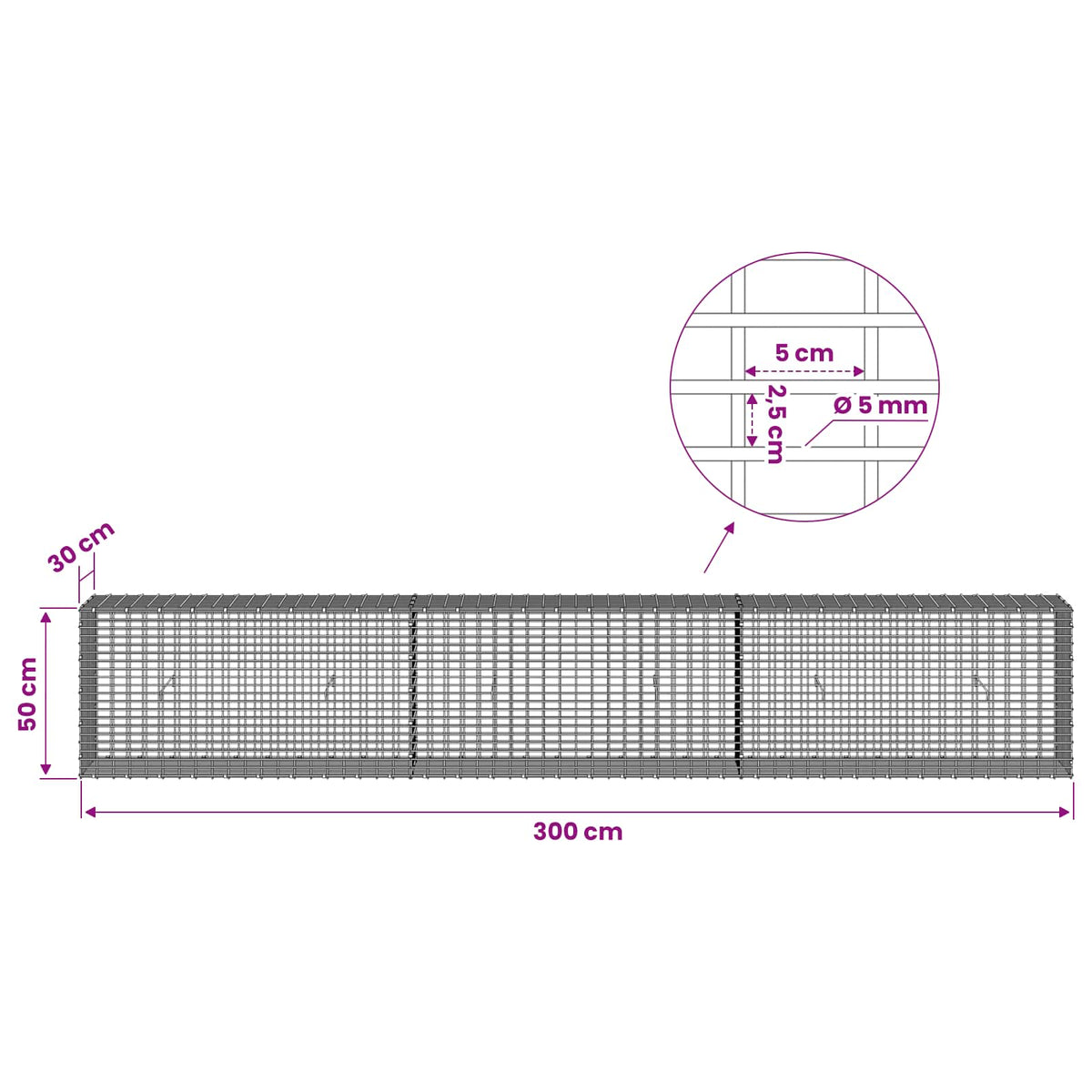 Gabion with 5 mm Wire and 5x2.5 cm Mesh 300x30x50 cm
