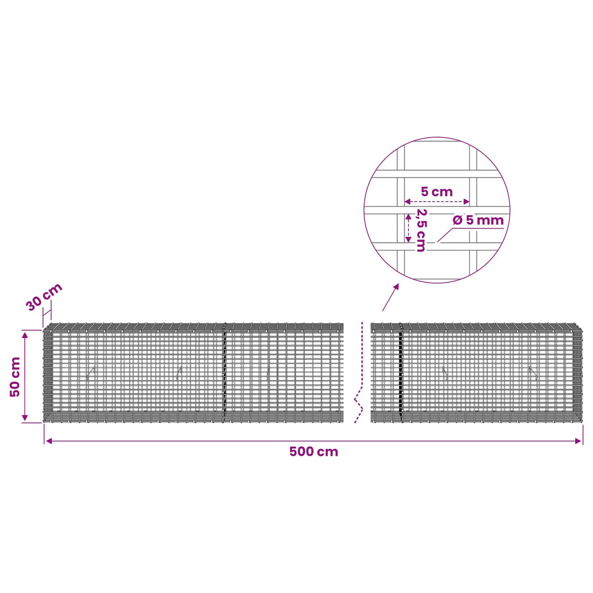Gabion with 5 mm Wire and 5x2.5 cm Mesh 500x30x50 cm