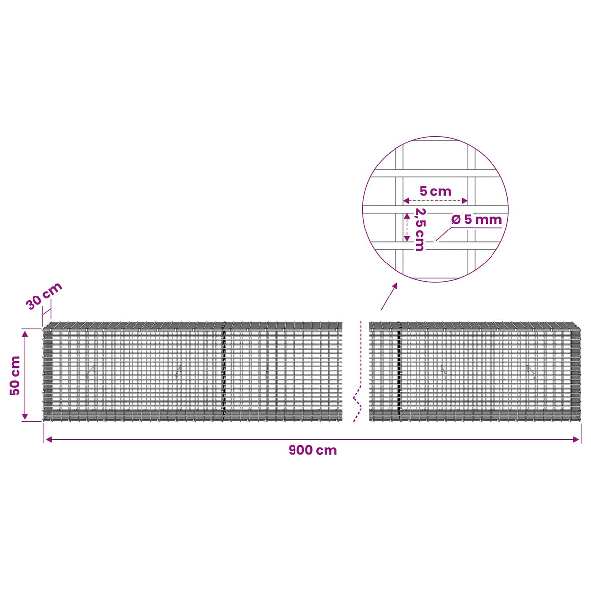 Gabion with 5 mm Wire and 5x2.5 cm Mesh 900x30x50 cm