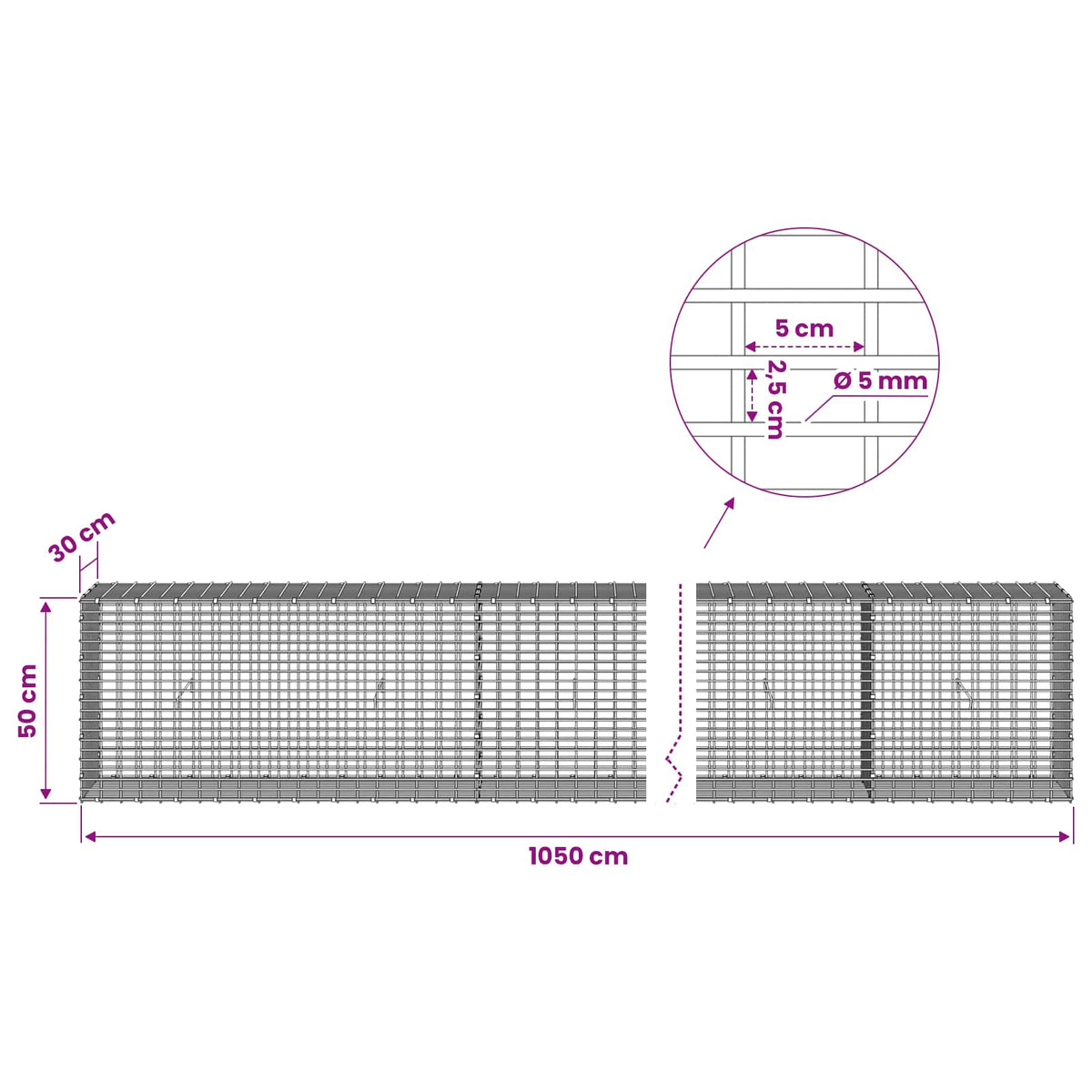 Gabion with 5 mm Wire and 5x2.5 cm Mesh 1050x30x50 cm