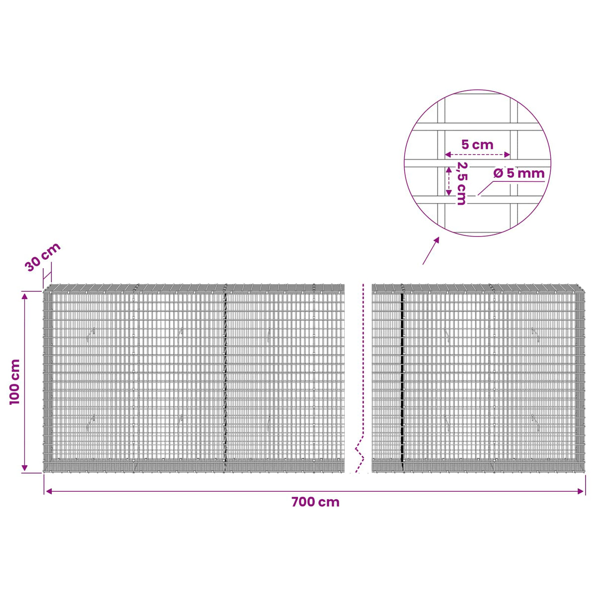 Gabion with 5 mm Wire and 5x2.5 cm Mesh 700x30x100 cm