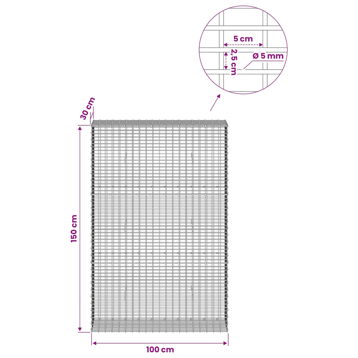 Gabion with 5 mm Wire and 5x2.5 cm Mesh 100x30x150 cm