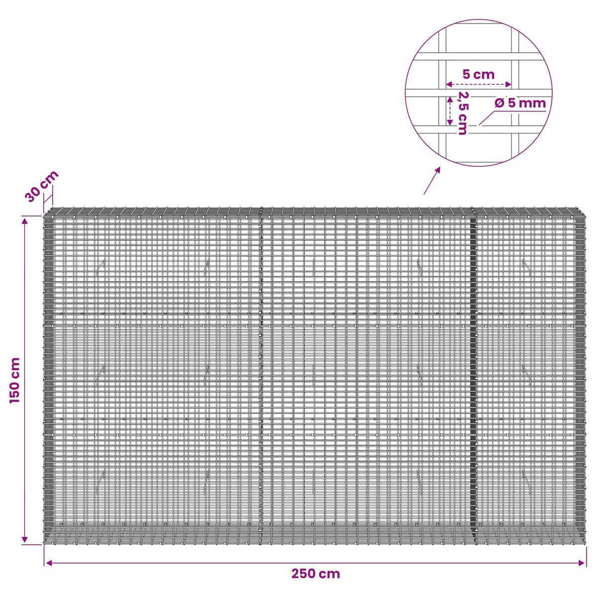 Gabion with 5 mm Wire and 5x2.5 cm Mesh 250x30x150 cm