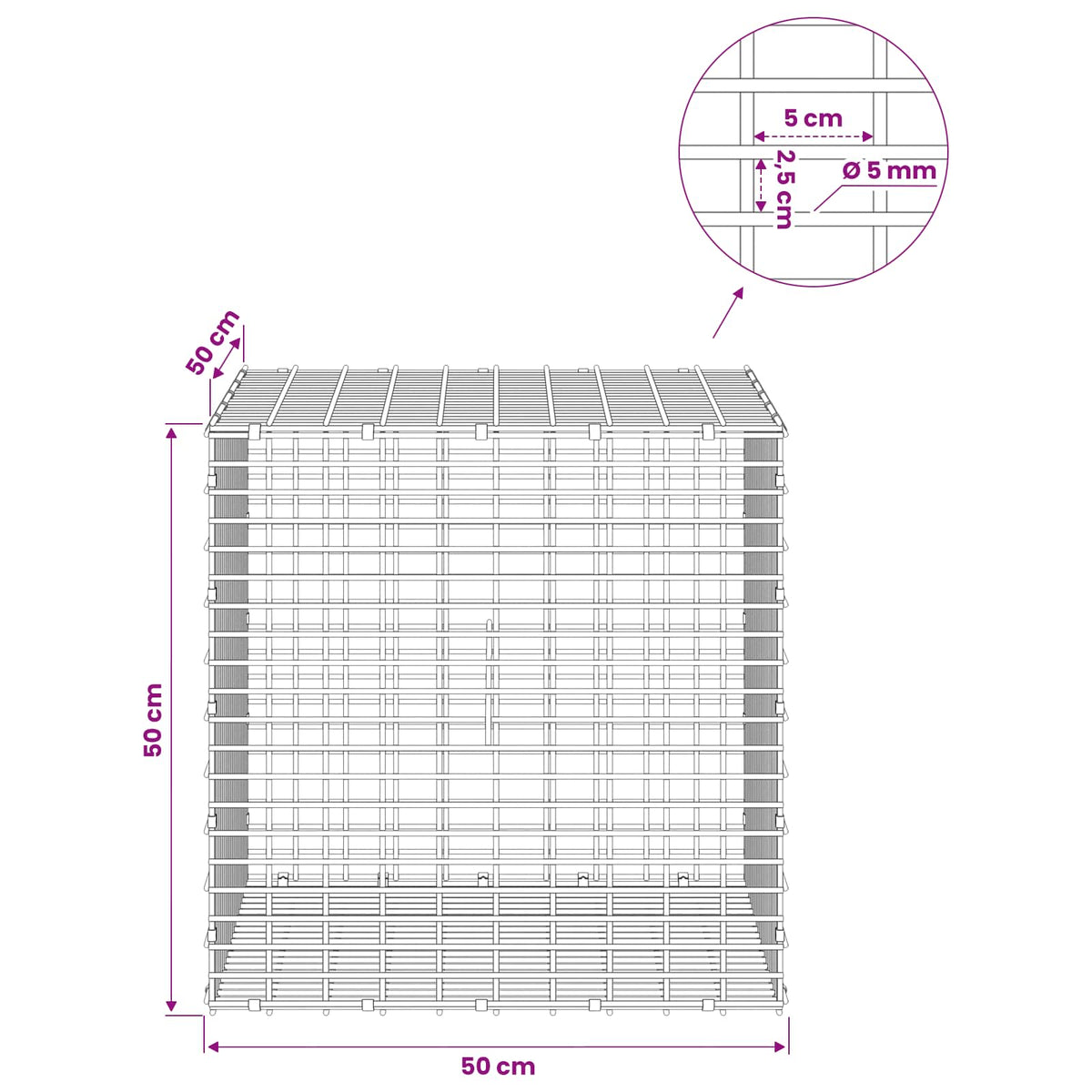 Gabion with 5 mm Wire and 5x2.5 cm Mesh 50x50x50 cm