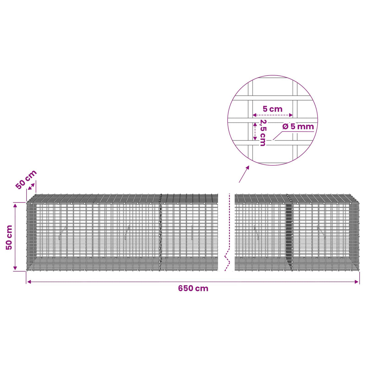 Gabion with 5 mm Wire and 5x2.5 cm Mesh 650x50x50 cm