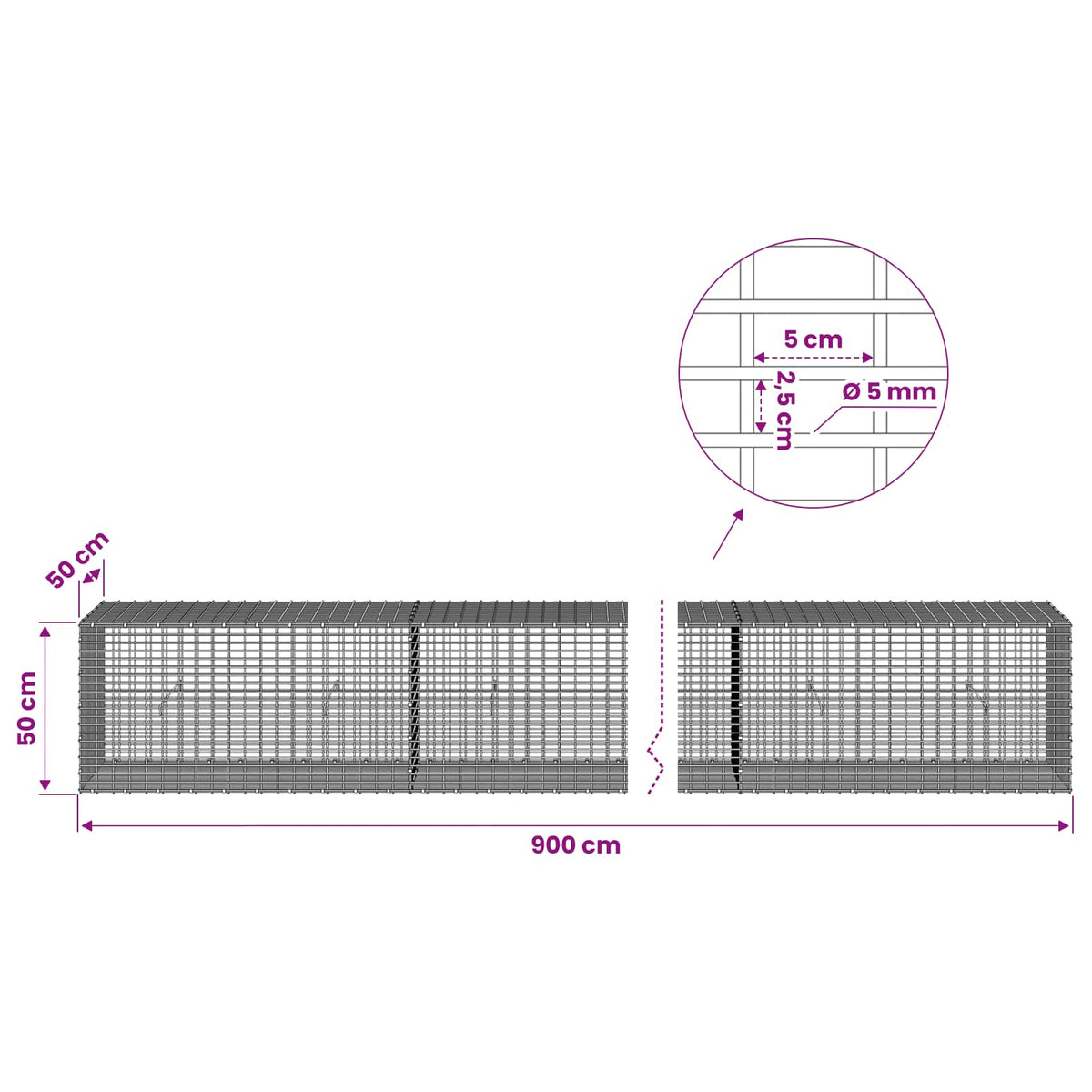 Gabion with 5 mm Wire and 5x2.5 cm Mesh 900x50x50 cm