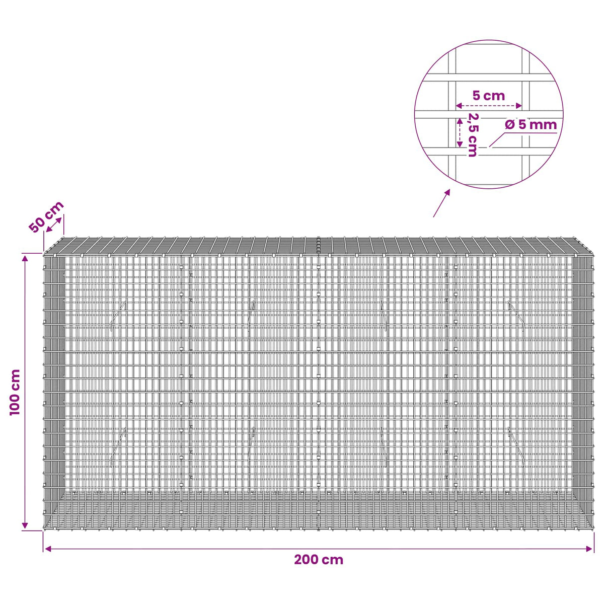 Gabion with 5 mm Wire and 5x2.5 cm Mesh 200x50x100 cm
