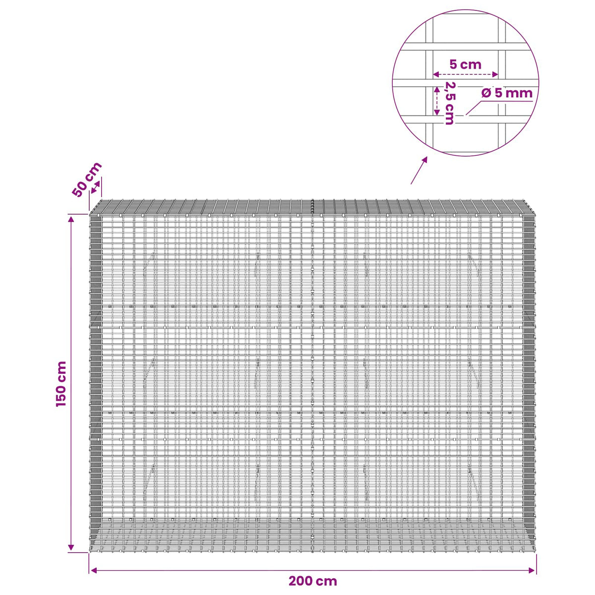 Gabion with 5 mm Wire and 5x2.5 cm Mesh 200x50x150 cm