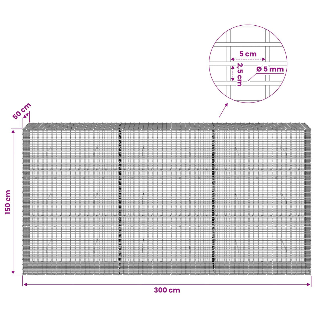 Gabion with 5 mm Wire and 5x2.5 cm Mesh 300x50x150 cm