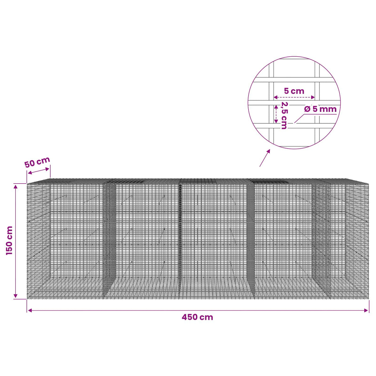 Gabion with 5 mm Wire and 5x2.5 cm Mesh 450x50x150 cm