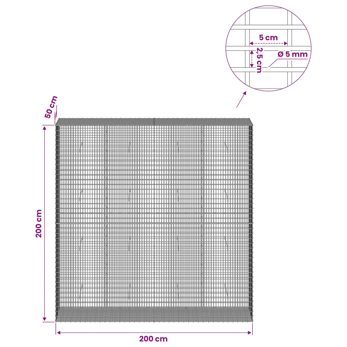Gabion with 5 mm Wire and 5x2.5 cm Mesh 200x50x200 cm