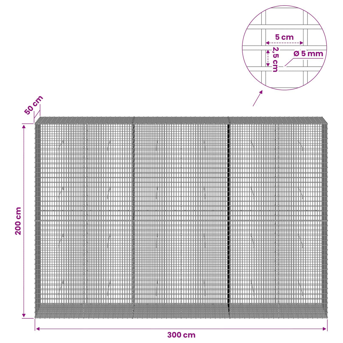 Gabion with 5 mm Wire and 5x2.5 cm Mesh 300x50x200 cm