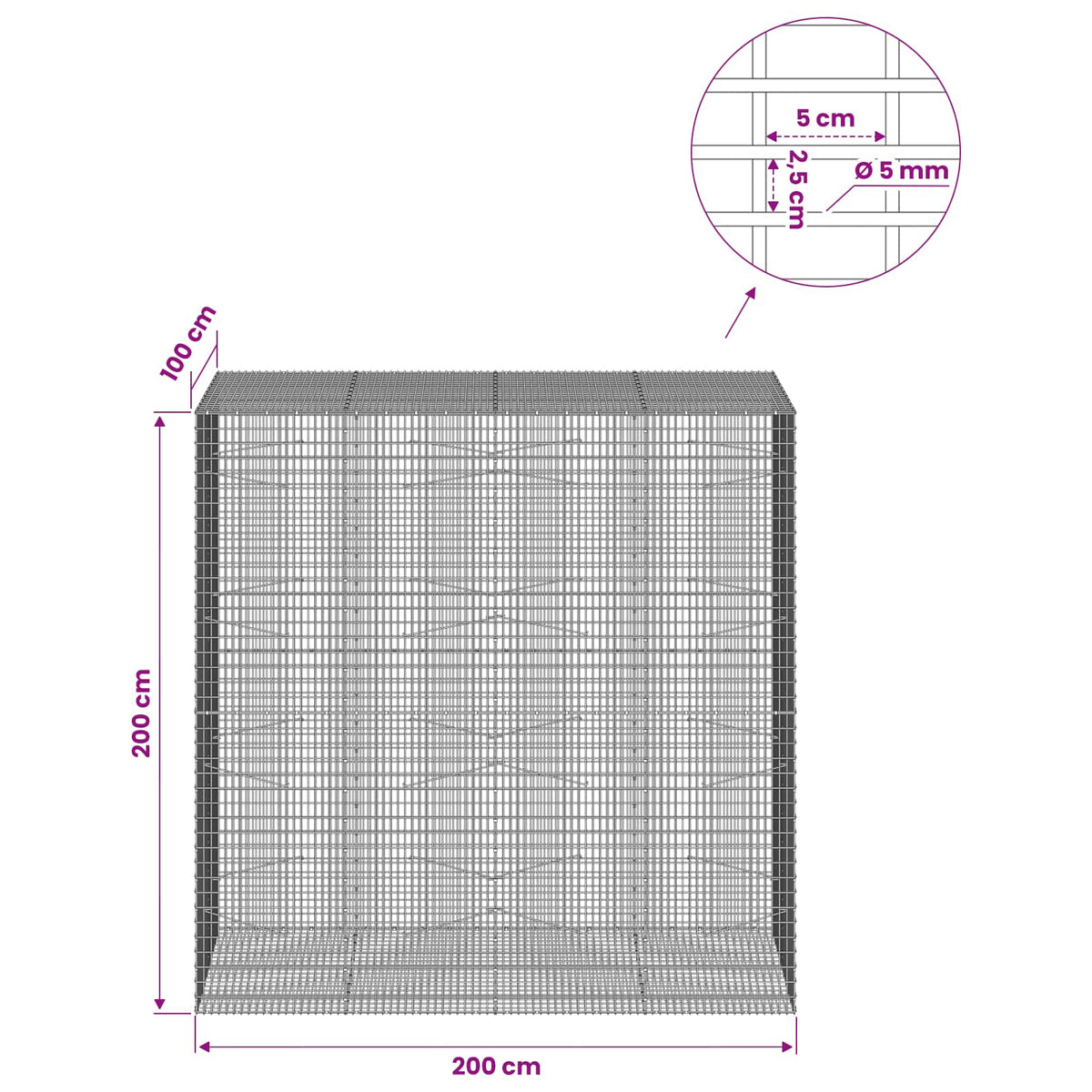 Gabion with 5 mm Wire and 5x2.5 cm Mesh 200x100x200 cm