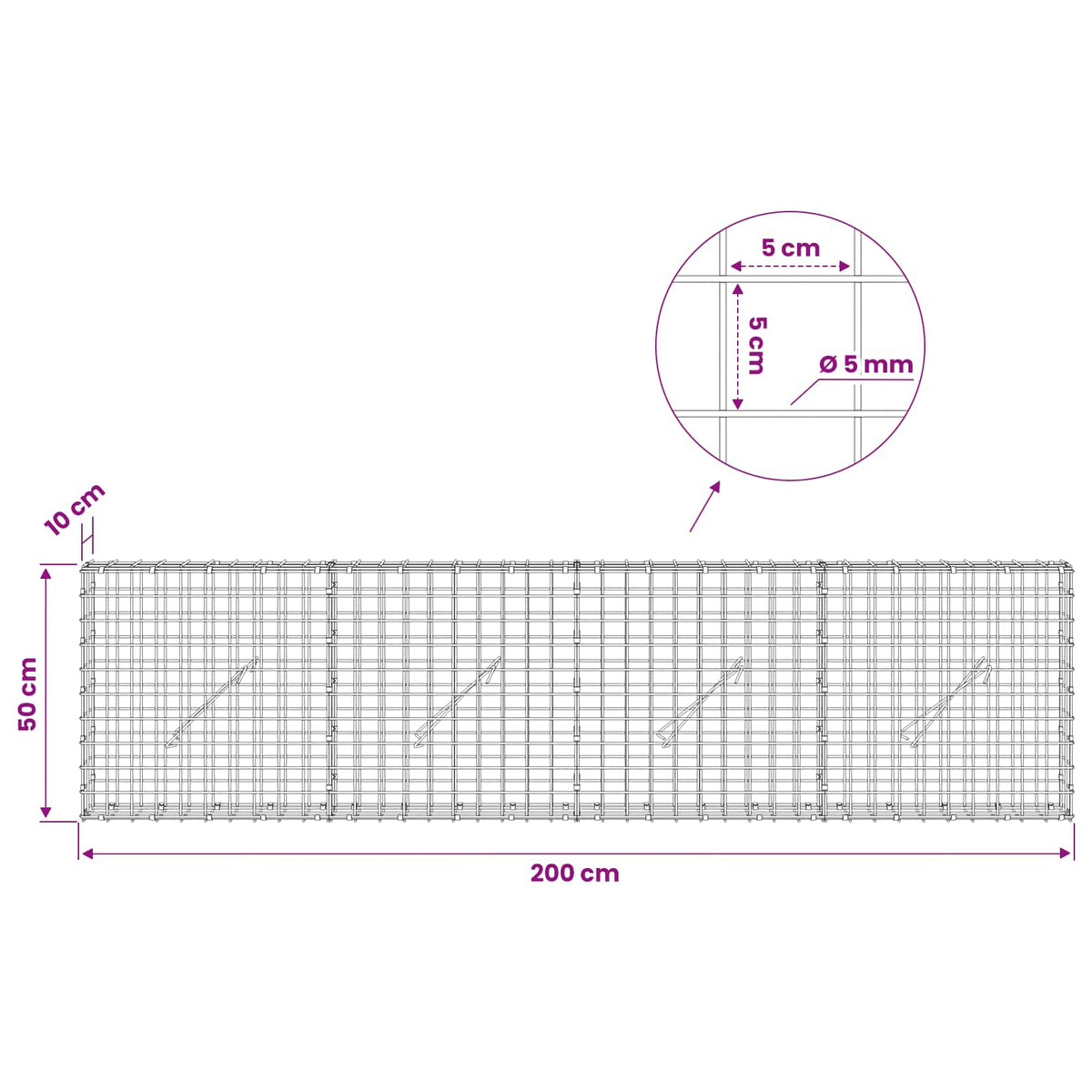 Gabion with 5 mm Wire and 5x5 cm Mesh 200x10x50 cm