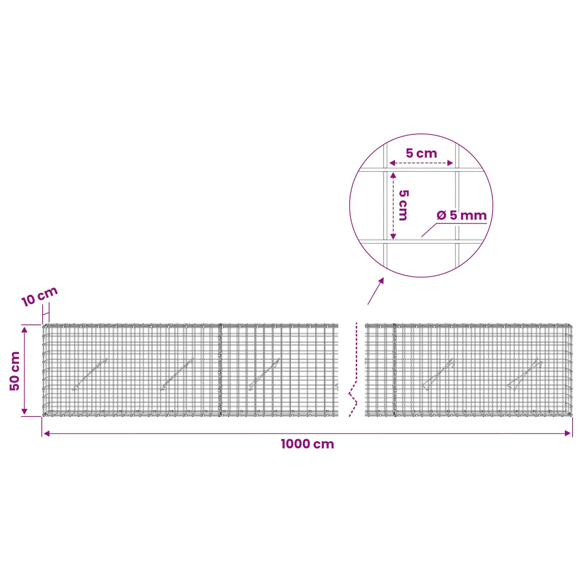 Gabion with 5 mm Wire and 5x5 cm Mesh 1000x10x50 cm