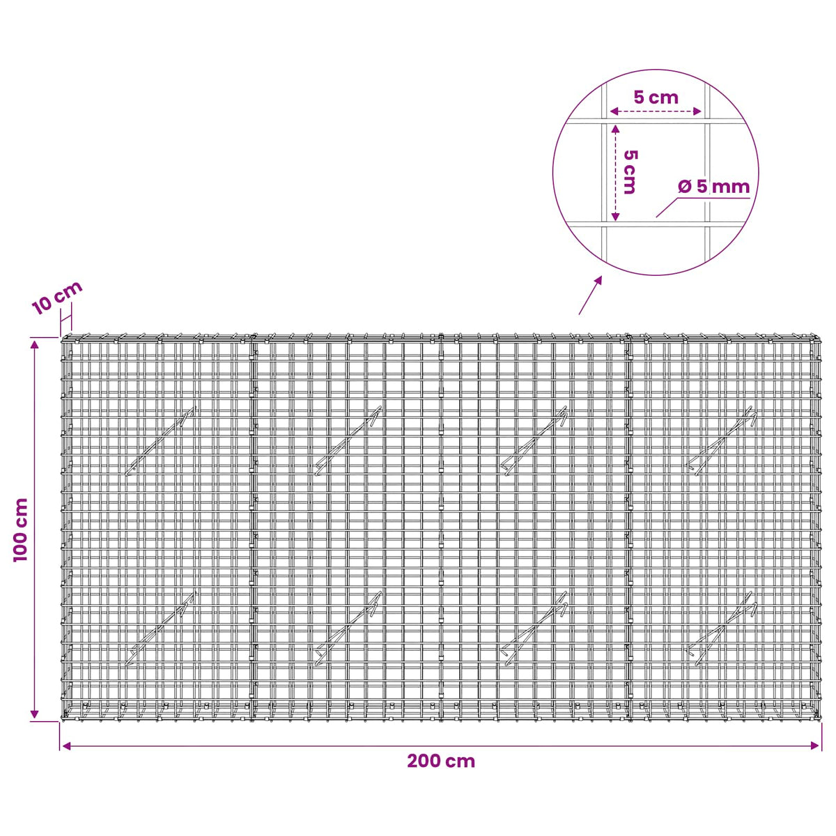 Gabion with 5 mm Wire and 5x5 cm Mesh 200x10x100 cm