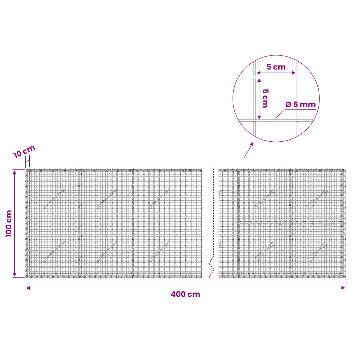 Gabion with 5 mm Wire and 5x5 cm Mesh 400x10x100 cm