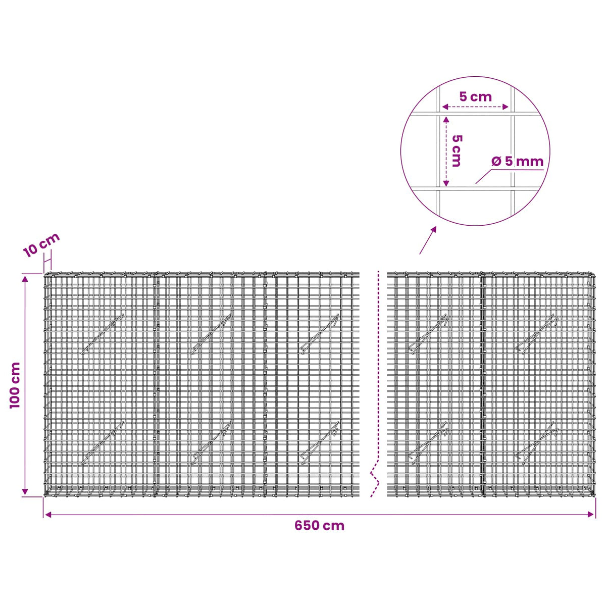 Gabion with 5 mm Wire and 5x5 cm Mesh 650x10x100 cm