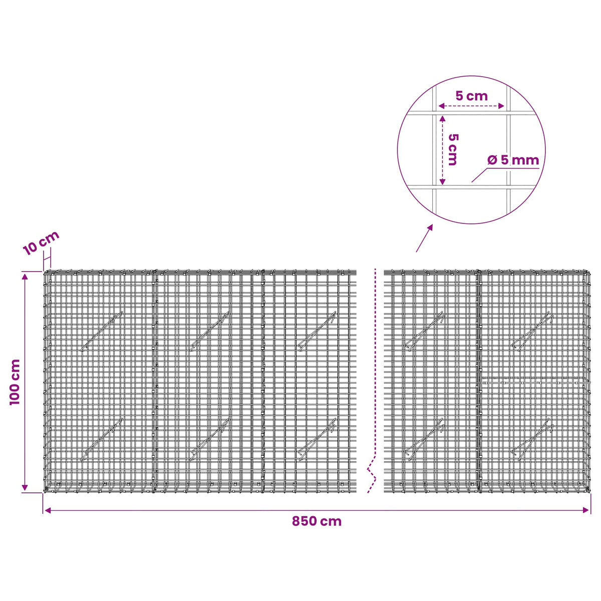 Gabion with 5 mm Wire and 5x5 cm Mesh 850x10x100 cm