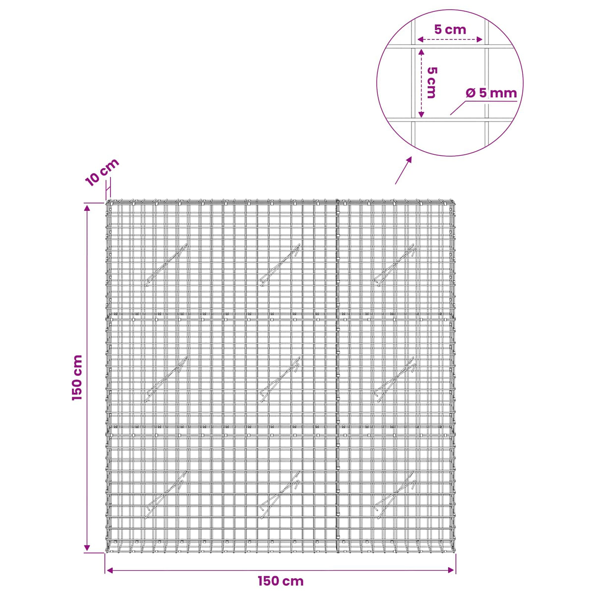 Gabion with 5 mm Wire and 5x5 cm Mesh 150x10x150 cm