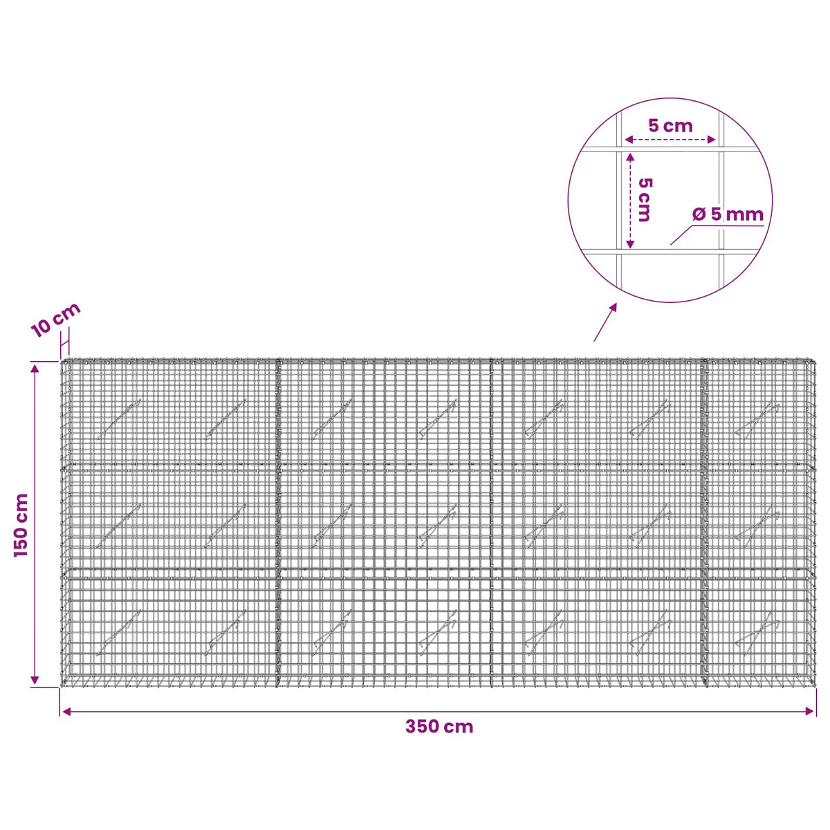 Gabion with 5 mm Wire and 5x5 cm Mesh 350x10x150 cm