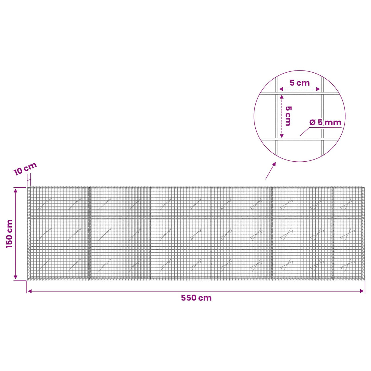 Gabion with 5 mm Wire and 5x5 cm Mesh 550x10x150 cm