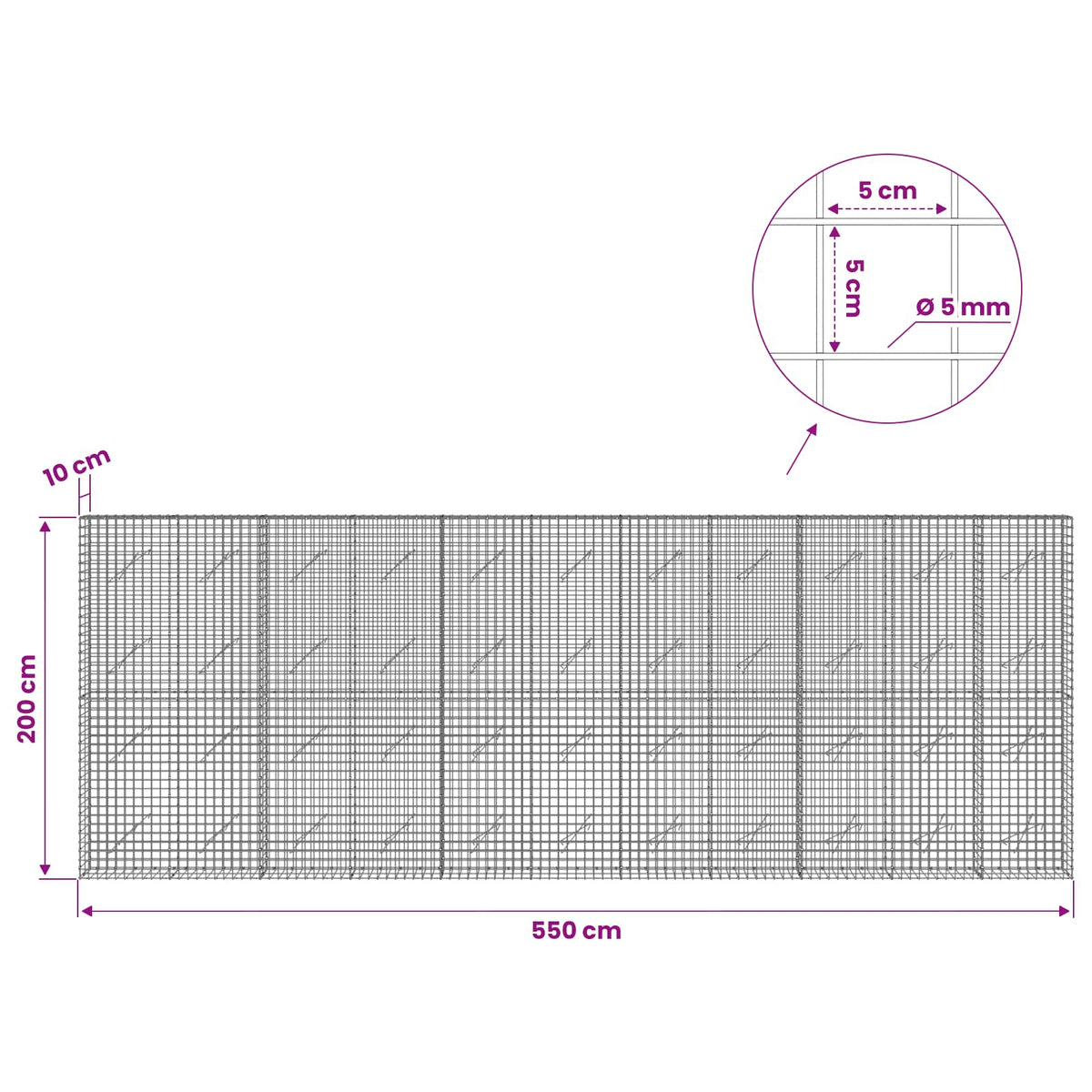 Gabion with 5 mm Wire and 5x5 cm Mesh 550x10x200 cm