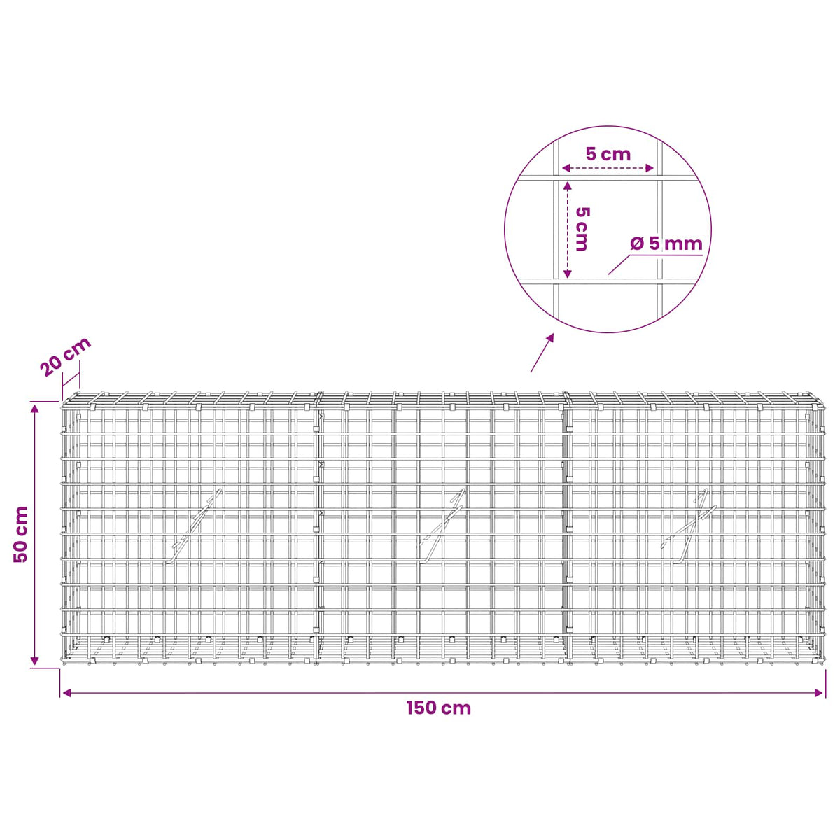 Gabion with 5 mm Wire and 5x5 cm Mesh 150x20x50 cm
