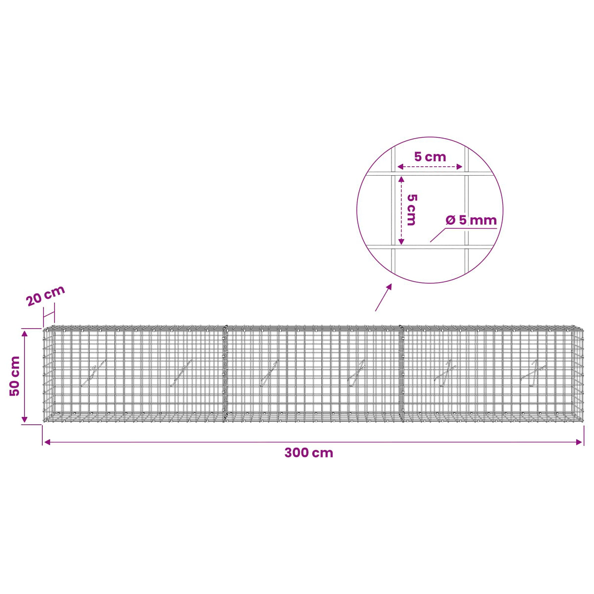 Gabion with 5 mm Wire and 5x5 cm Mesh 300x20x50 cm