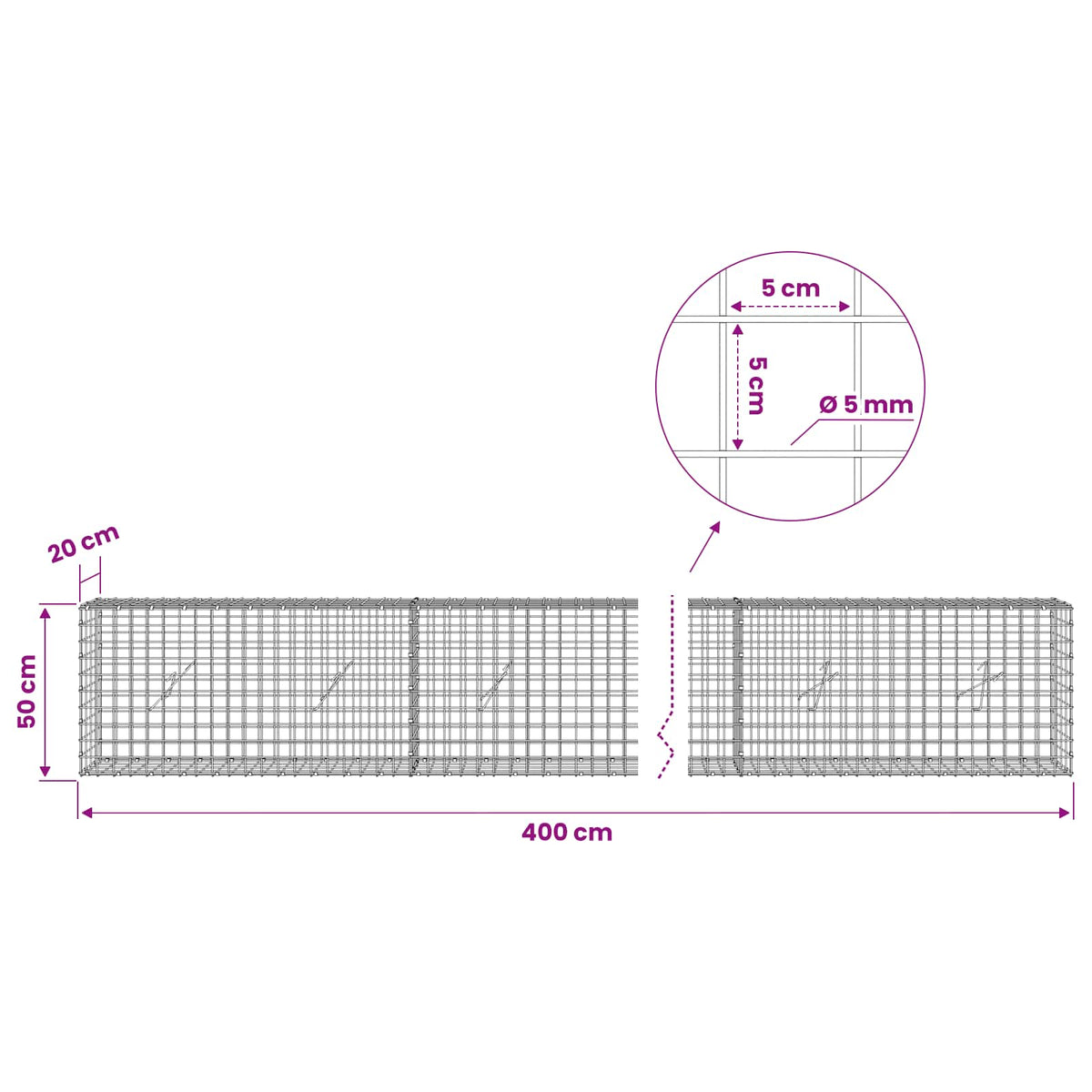 Gabion with 5 mm Wire and 5x5 cm Mesh 400x20x50 cm