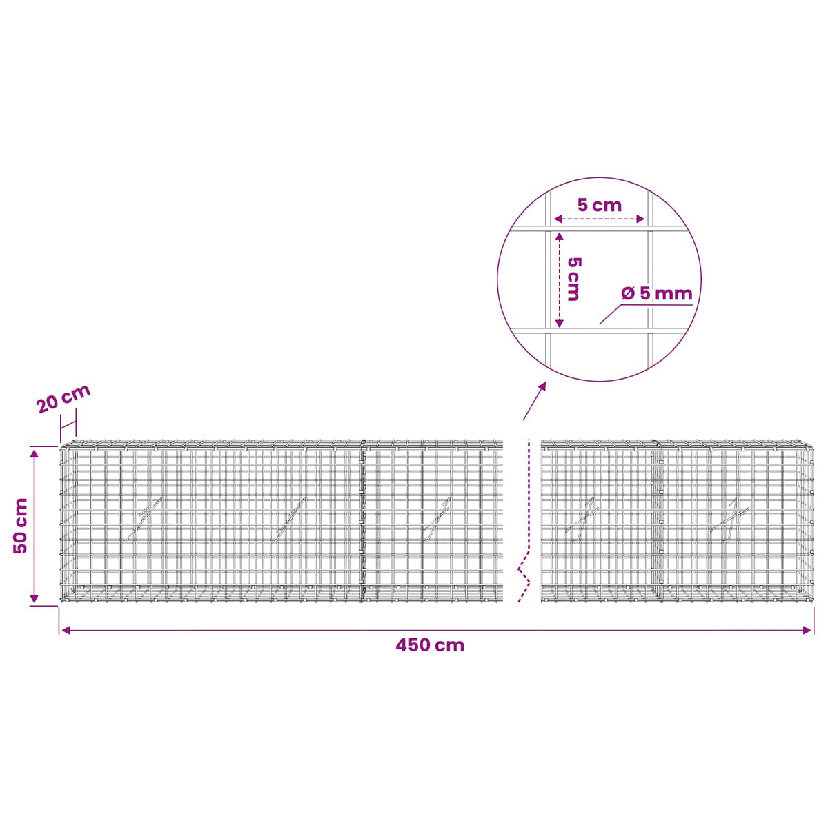 Gabion with 5 mm Wire and 5x5 cm Mesh 450x20x50 cm