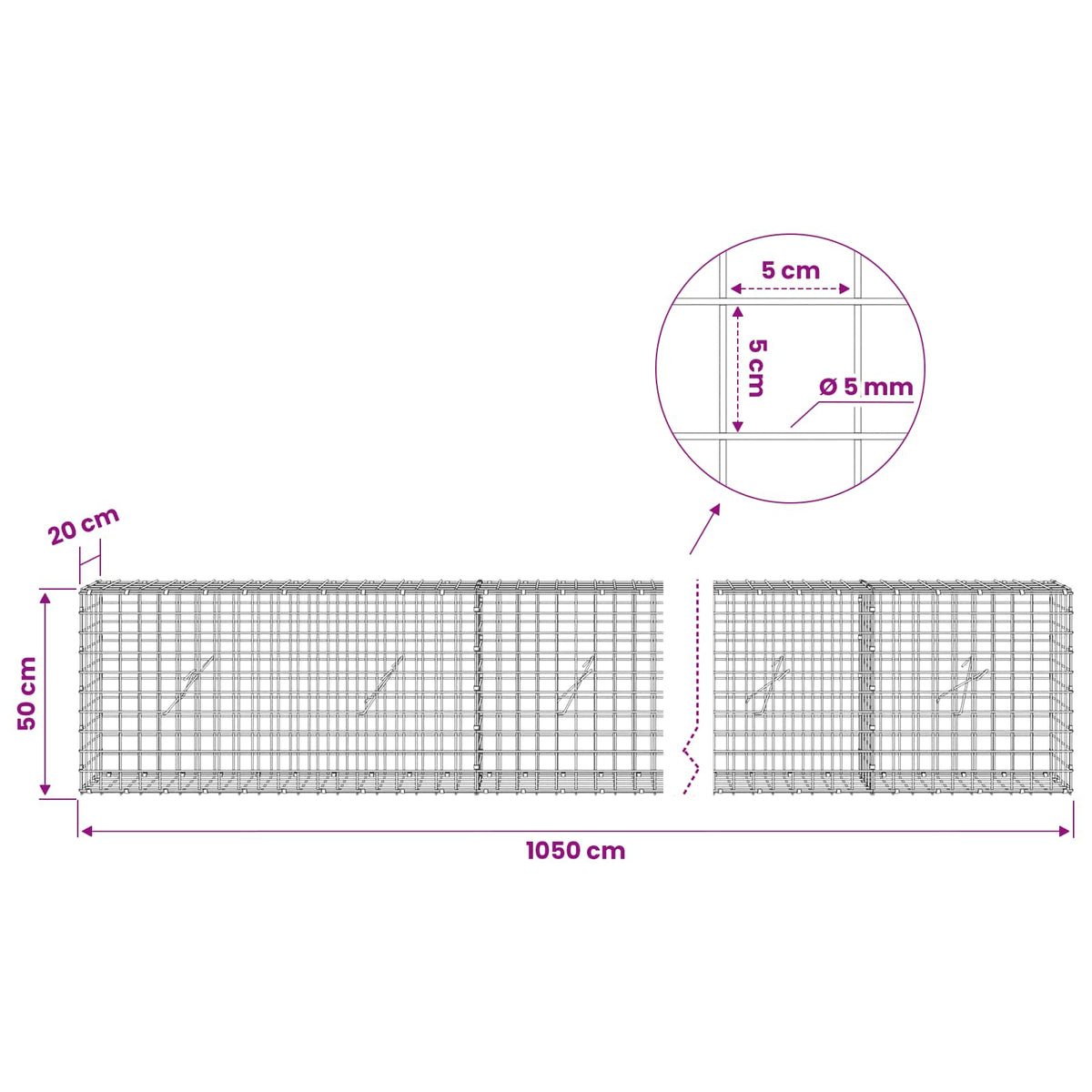 Gabion with 5 mm Wire and 5x5 cm Mesh 1050x20x50 cm