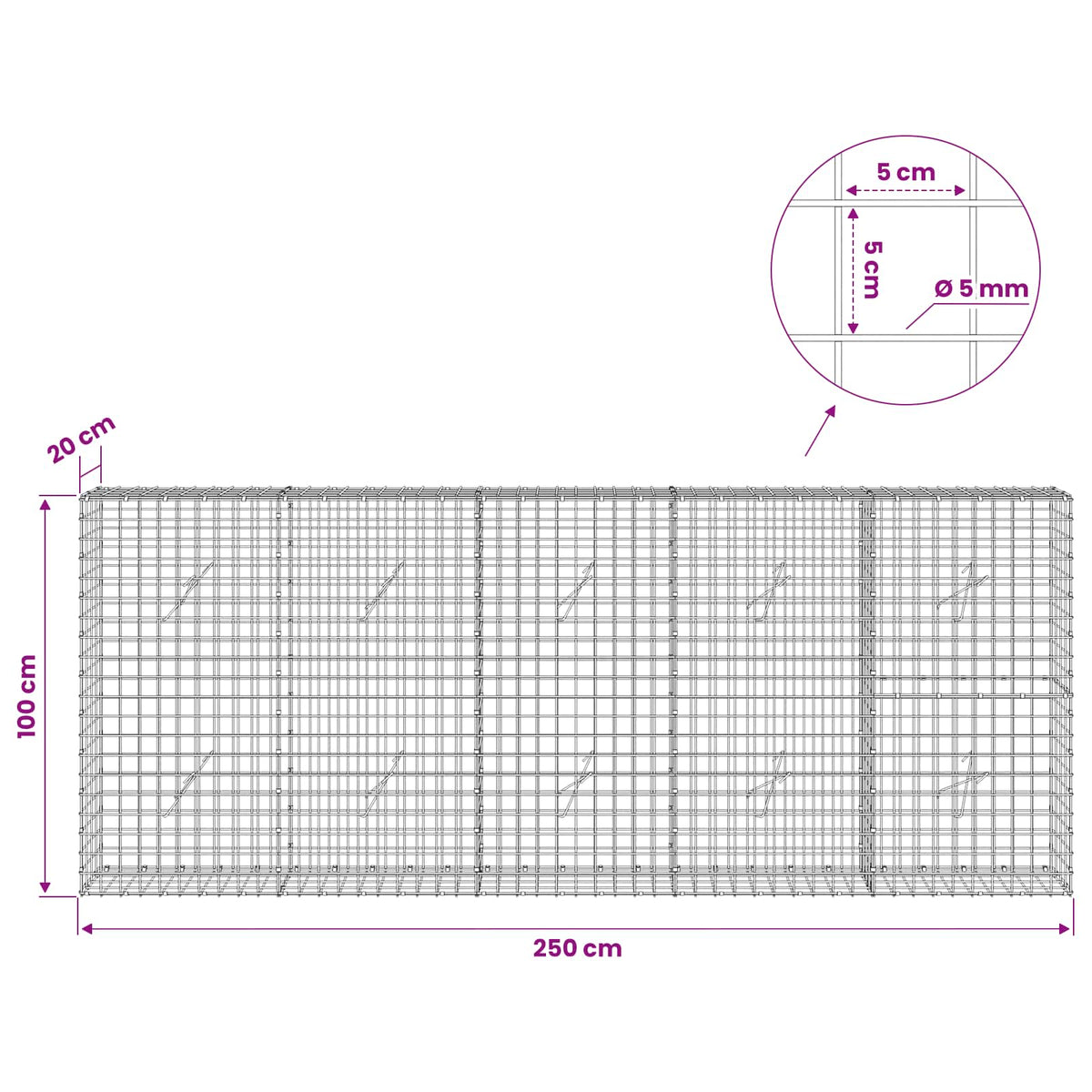 Gabion with 5 mm Wire and 5x5 cm Mesh 250x20x100 cm