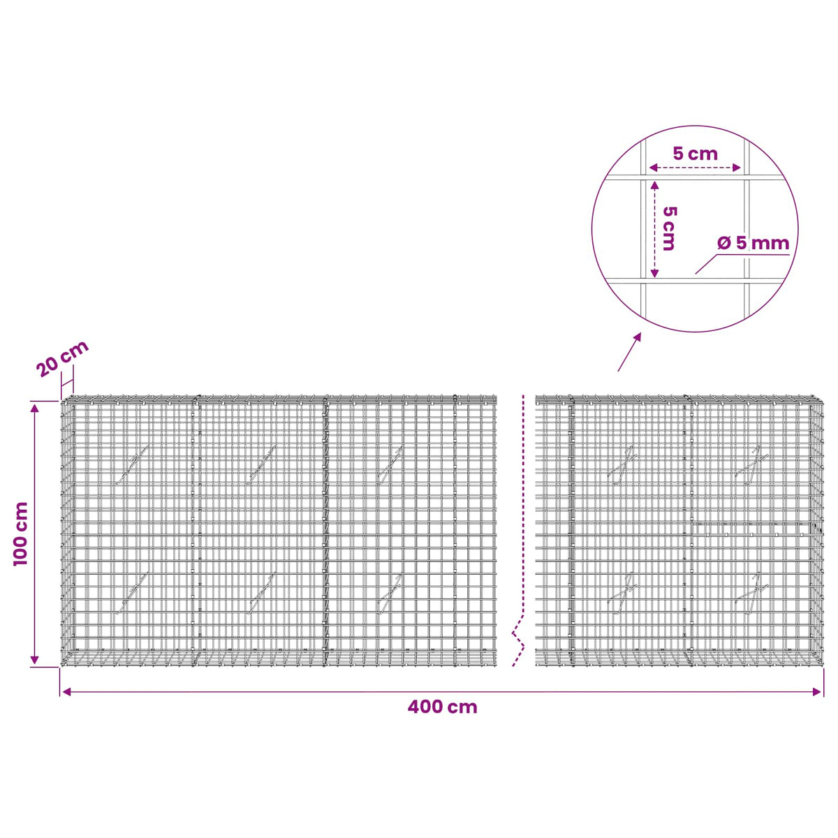 Gabion with 5 mm Wire and 5x5 cm Mesh 400x20x100 cm