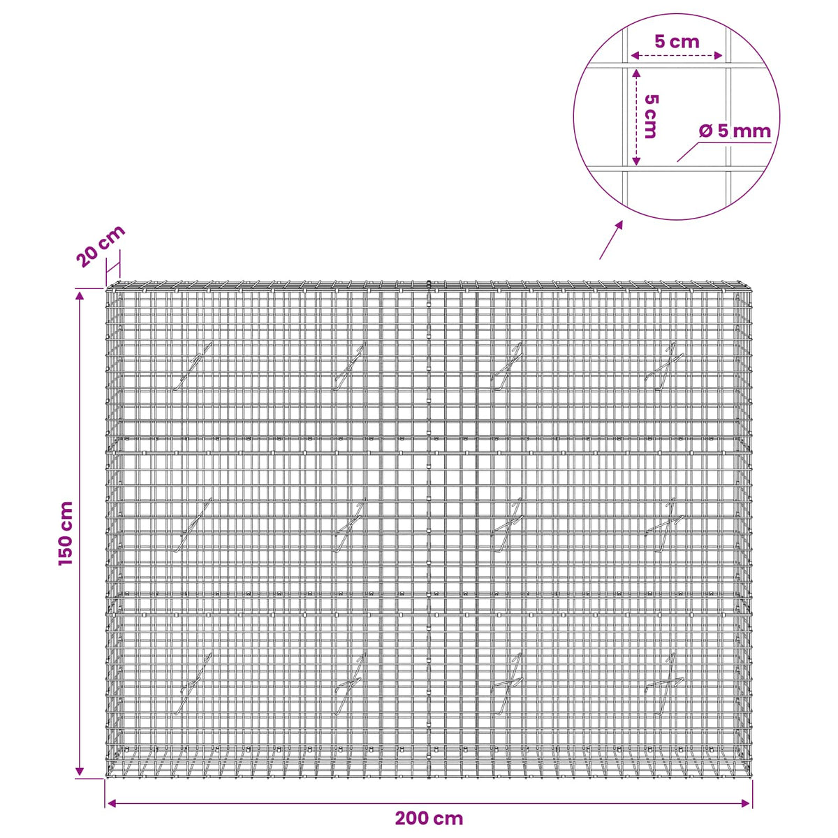 Gabion with 5 mm Wire and 5x5 cm Mesh 200x20x150 cm