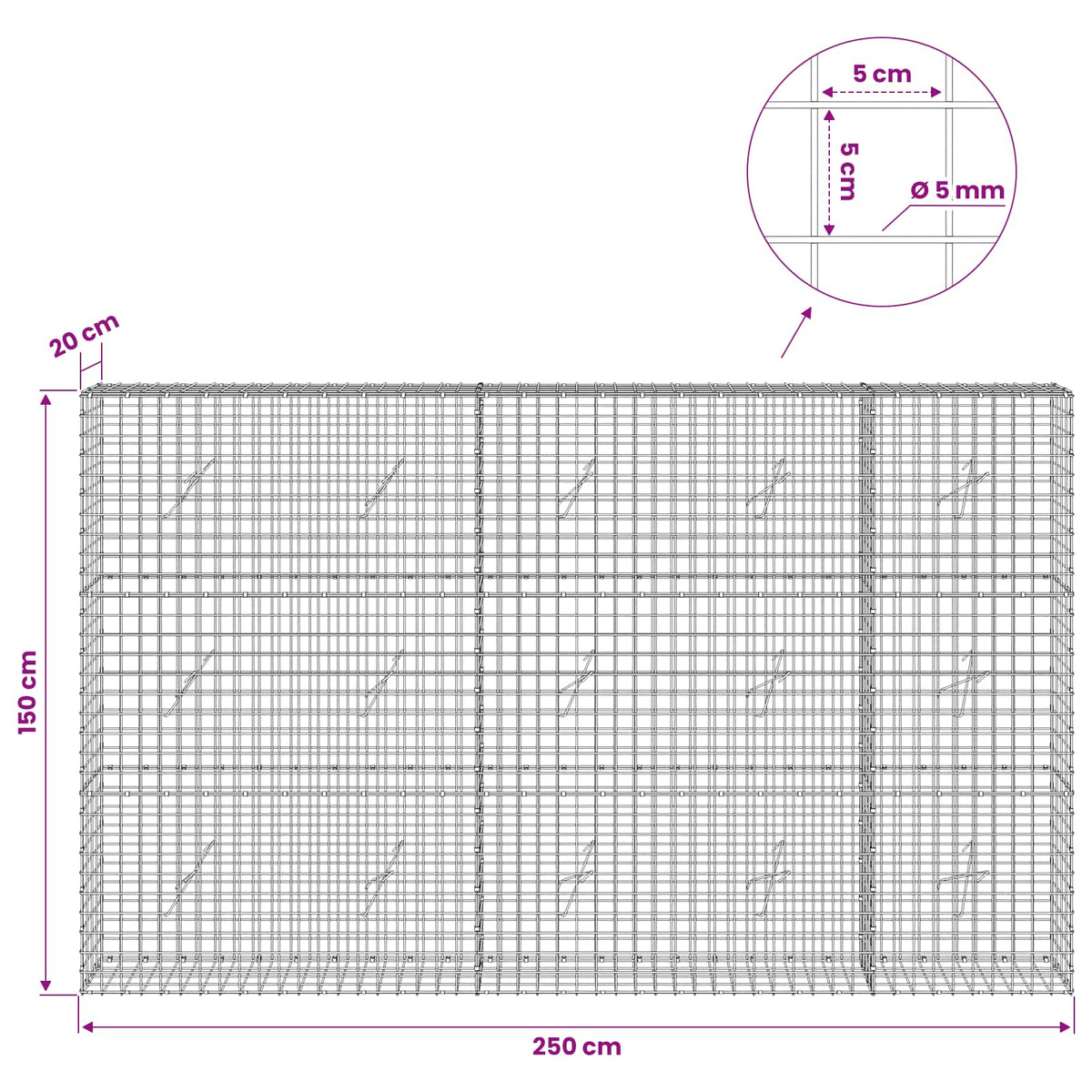 Gabion with 5 mm Wire and 5x5 cm Mesh 250x20x150 cm